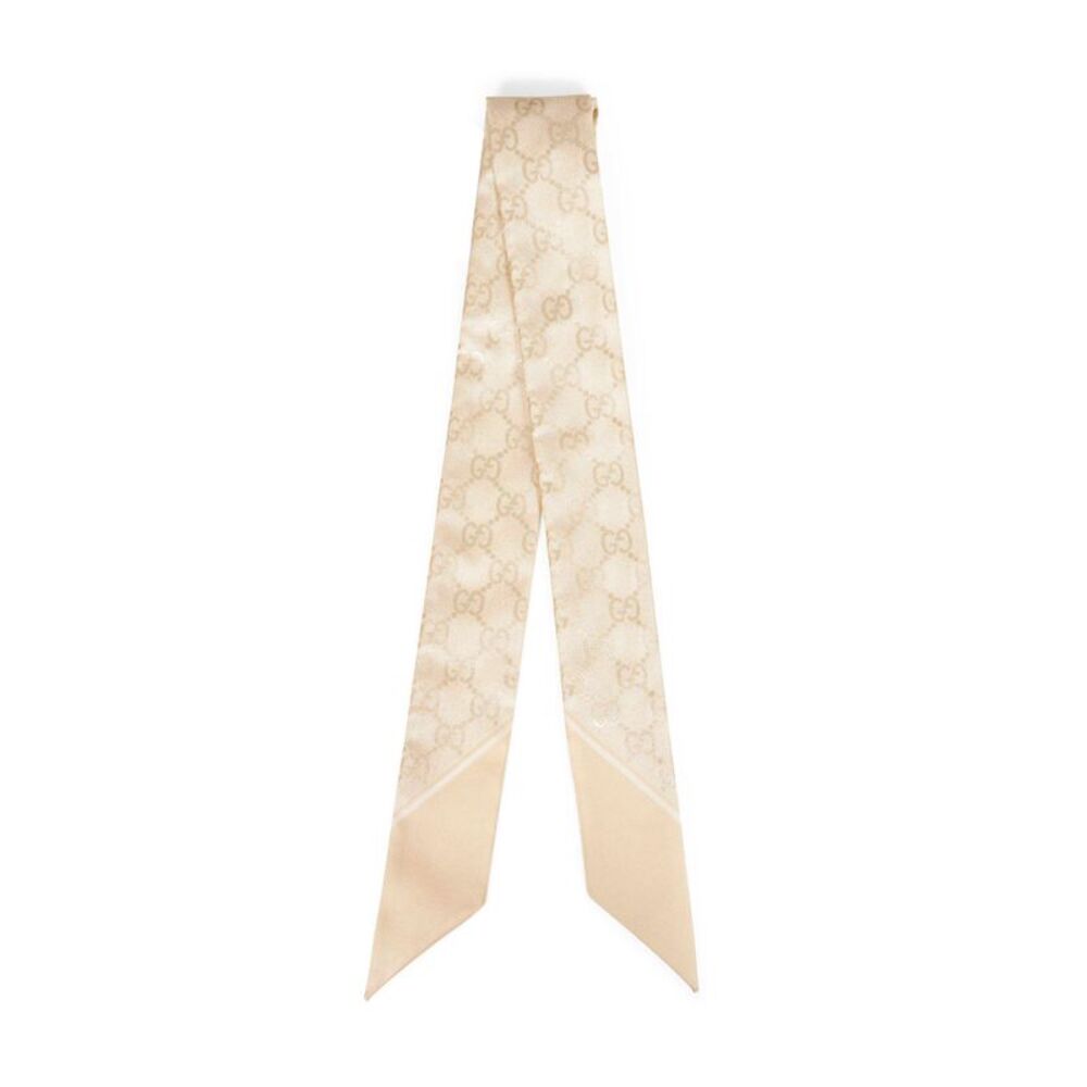 Gucci Women White And Ivory Lamé Gg-Print Silk Ribbon - Picture 2 of 2